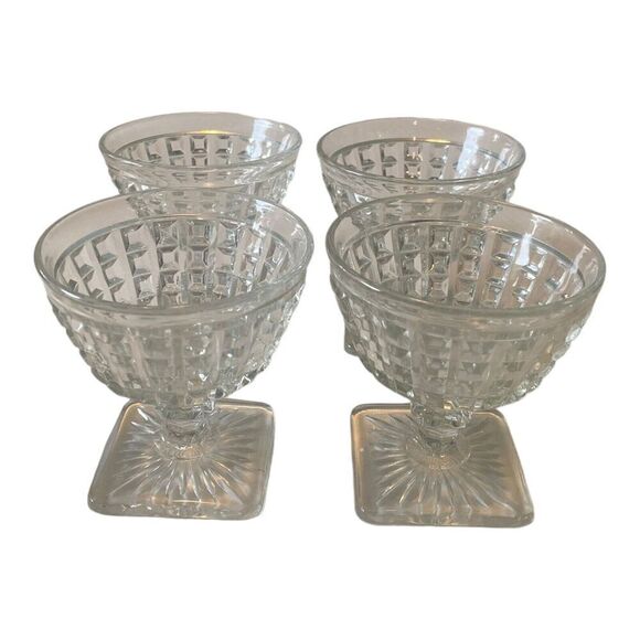 Set of 4 Imperial Monticello Waffle Crystal Glass Sherbets w Square Base - Picture 5 of 8